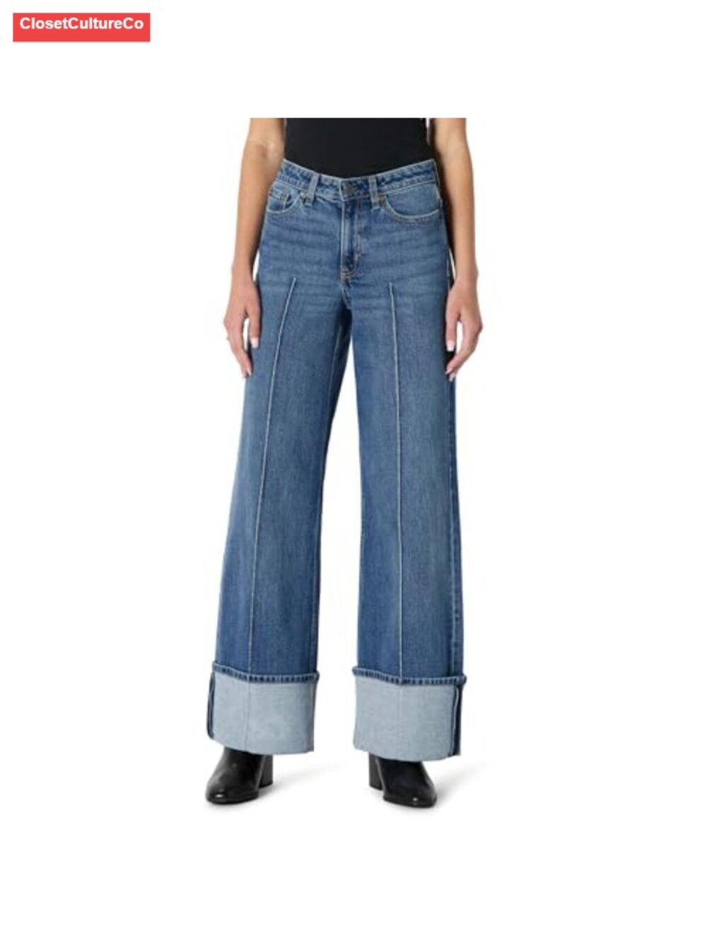 High-Rise Wide Leg Cuffed Jeans Low Stretch Denim